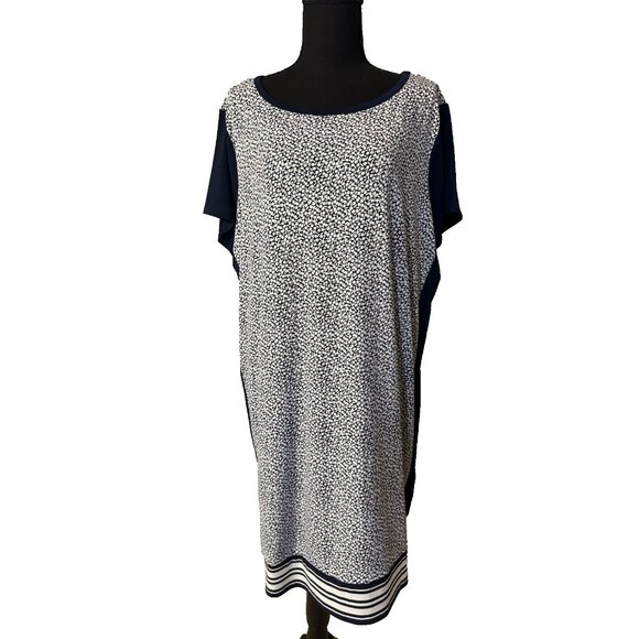 Michael Kors Shift Dress 2X Navy Blue Ivory White Short Sleeve Washable NEW - Picture 1 of 11